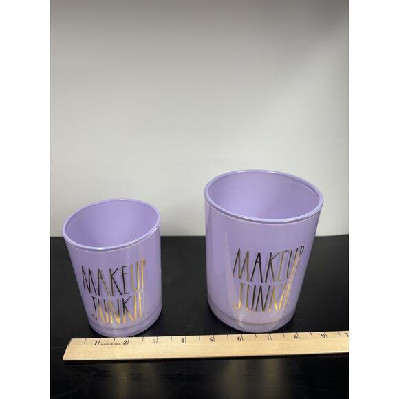 Rae Dunn MAKEUP BRUSHES Purple Glass Containers with Gold Wording • Set of 2 - Picture 8 of 9